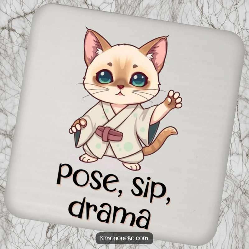 Funny kawaii Siamese cat in a silk kimono striking a dramatic pose on drink coasters, offering humorous anime-themed theatrical table protection.