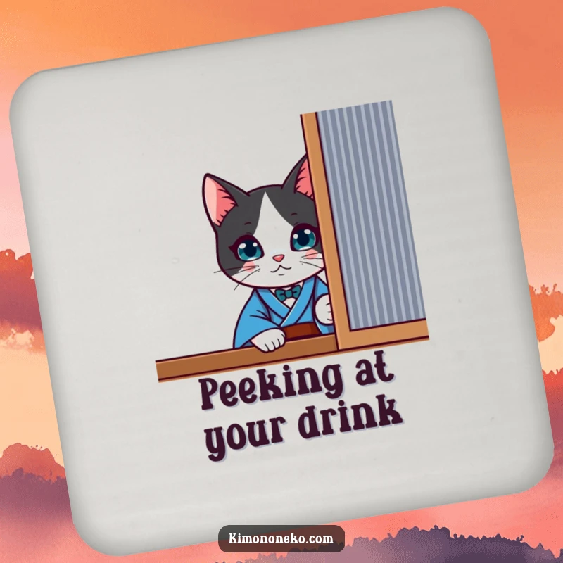 Funny curious kawaii tuxedo cat in a blue kimono, peeking from behind a screen, as a protective drink coaster.