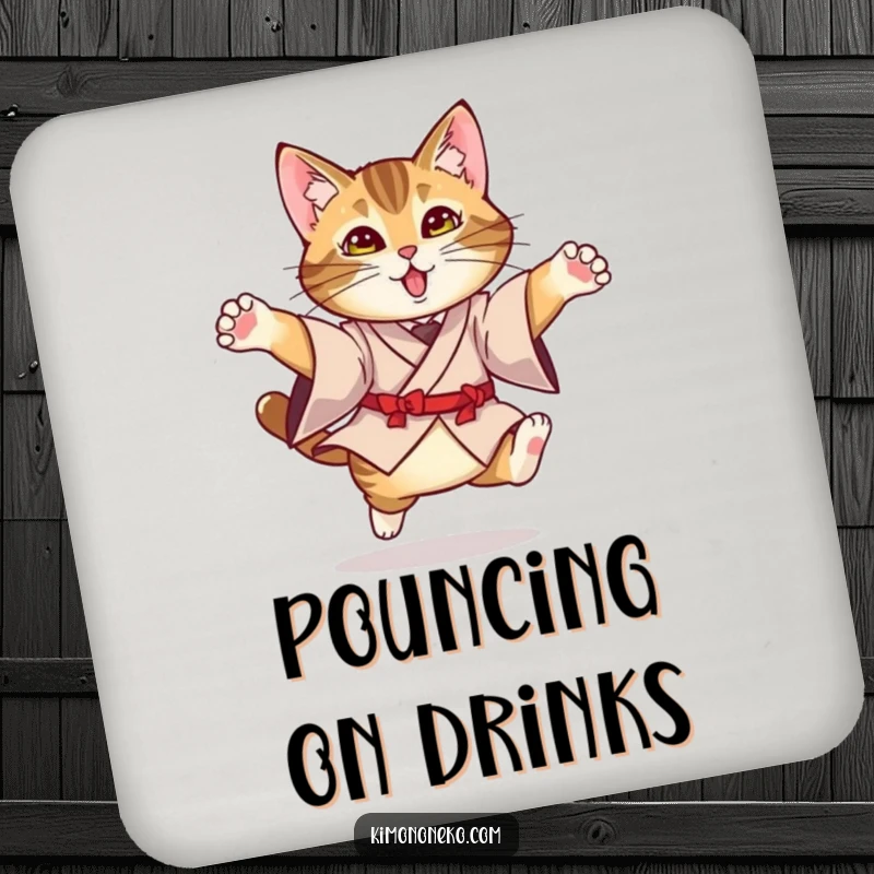 Funny Kimono Cat Coaster: A tabby cat in a formal kimono performing a graceful leap, protecting surfaces with humor.