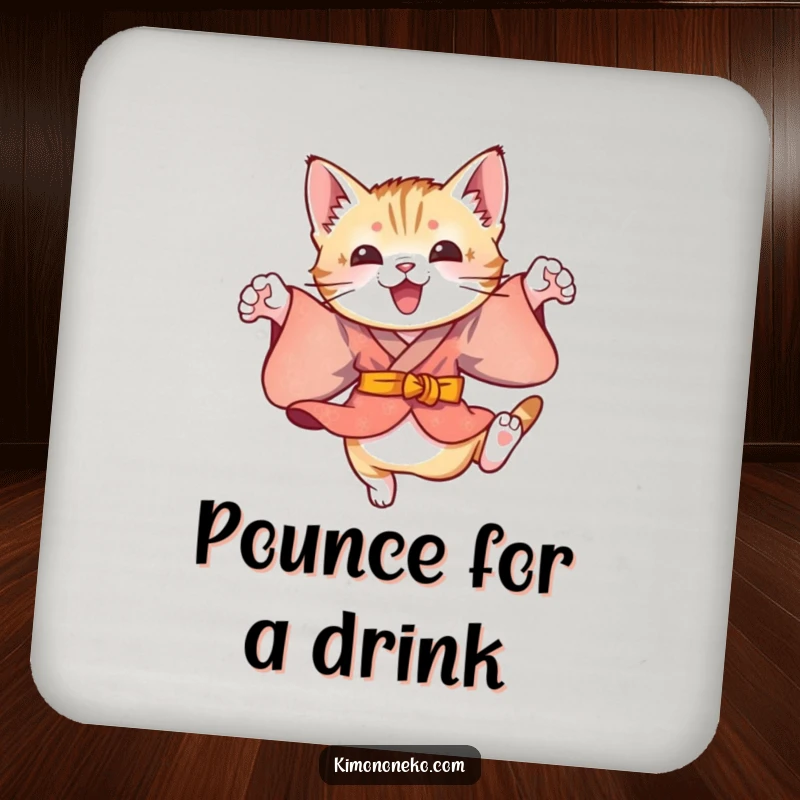Funny drink coaster with a playful kitten in a colorful kimono, doing energetic leaps, adding a touch of whimsical fun protection.