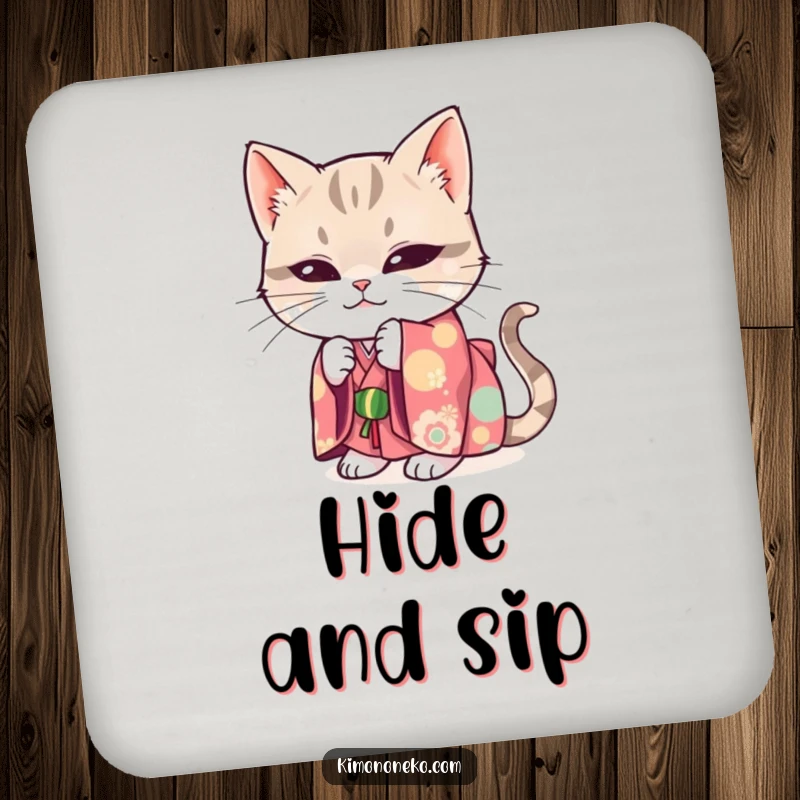 Funny coaster with a mischievous cat in a bright kimono, hiding playfully.
