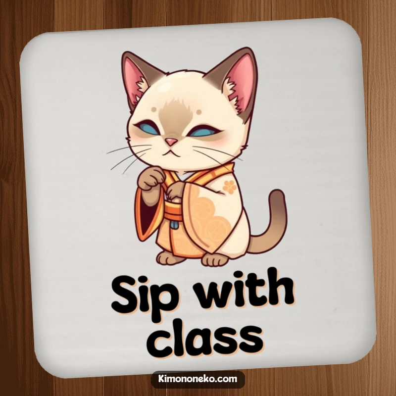 Funny Siamese kawaii cat in an ornate kimono, grooming its paw, on a functional and funny drink coaster, a stylish gift.