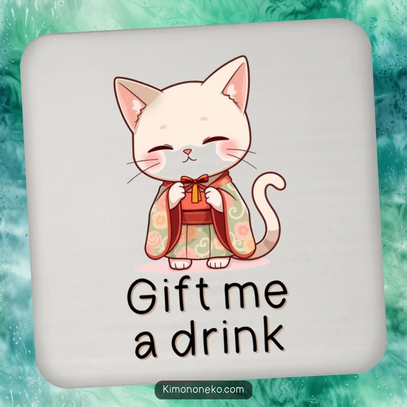 Funny sleek cat in an elegant kimono offering a small gift, design on drink coasters.