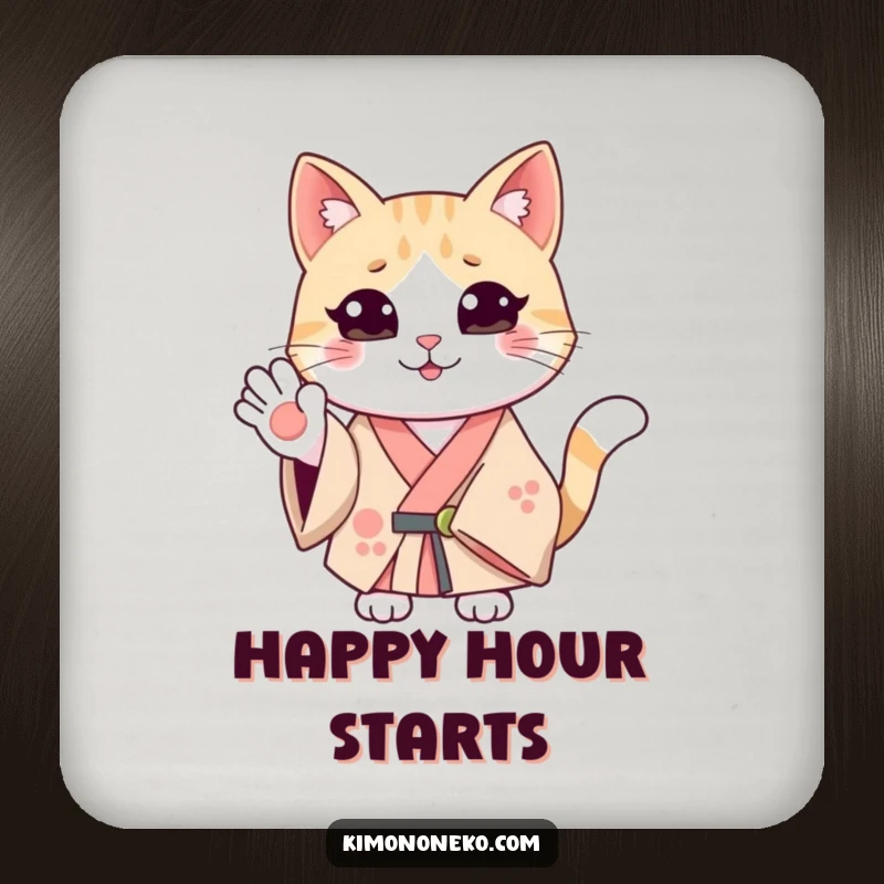 Funny smiling cat in a kimono, waving hello. Humorous coaster for cheerful table protection.