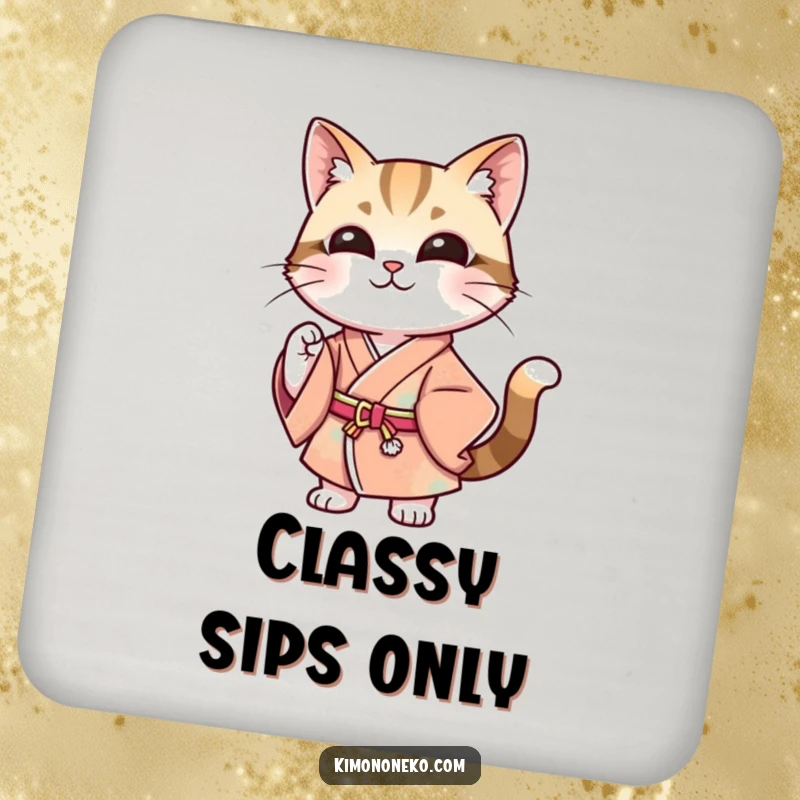 Funny drink coaster featuring a stylish cat in a modern kimono, posing confidently with a smile, adding a touch of fashionable humor to your table.