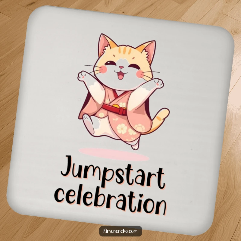 Funny drink coaster with a playful cat in a festive kimono attempting a jump, adding energetic and humorous flair.
