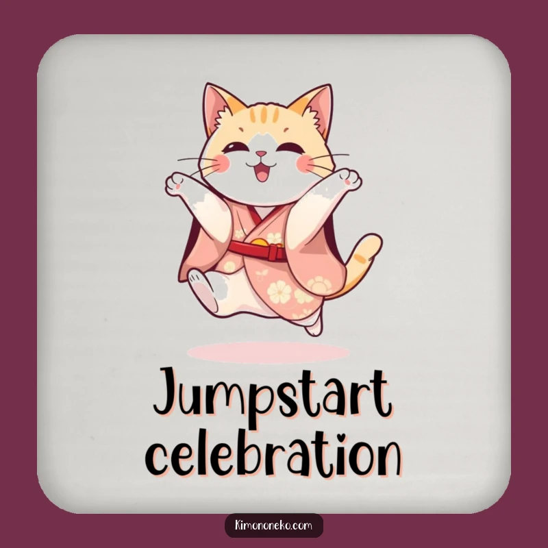 Funny Cat Kimono Coaster: Playful Kitty Festive Jump - Protect Surfaces
