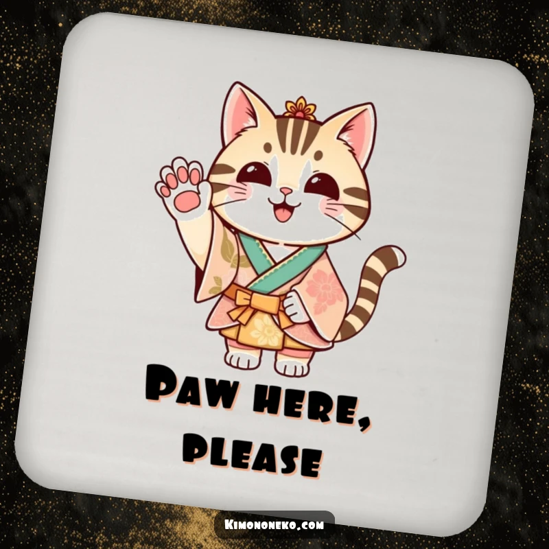 Funny striped cat in a festive kimono waving its paw, design on drink coasters.
