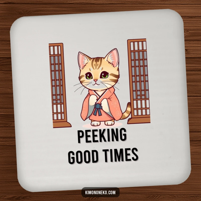 Funny Tabby Cat Coaster: A curious tabby cat in a festive kimono peeks from behind a screen, adding playful charm.