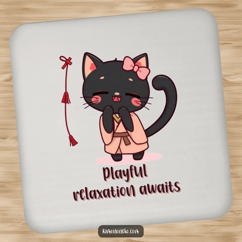 Funny Kawaii black cat in a kimono, playfully batting at a string, featured on drink coasters to add humor to surfaces.