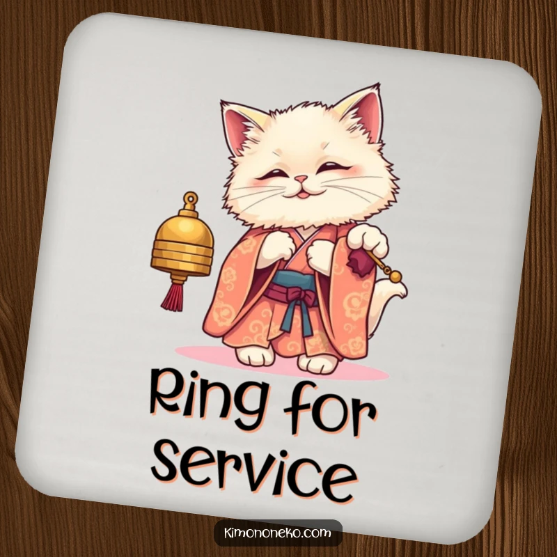 Funny drink coaster featuring a fluffy kawaii cat wearing a kimono, playfully batting at a bell, perfect for adding cute charm.