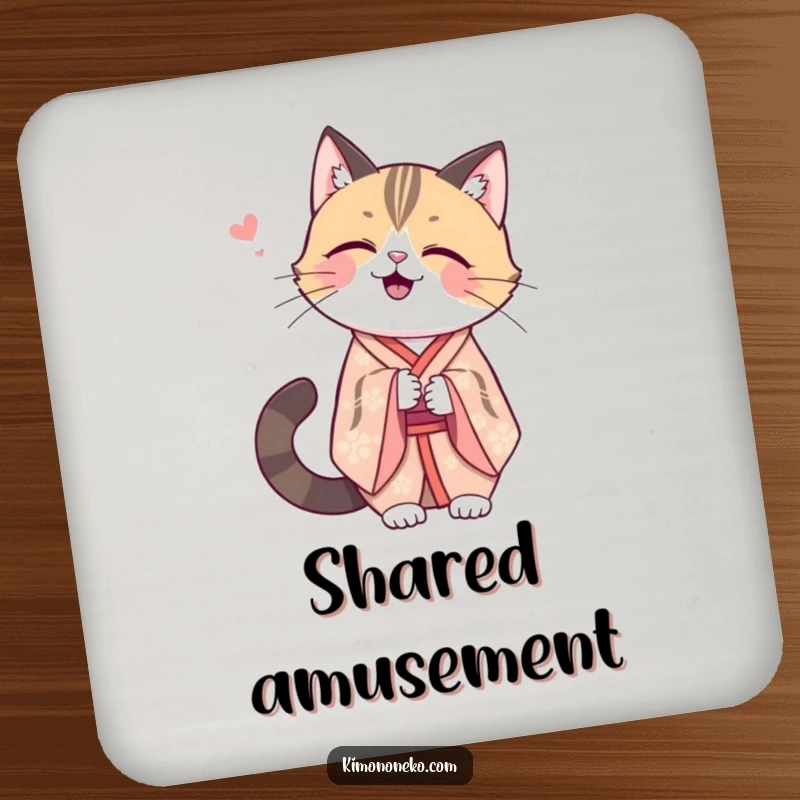Funny Kawaii cat in an elegant kimono, sharing a secret giggle, protecting tables with a touch of class.