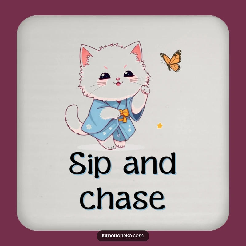Funny White Cat Coaster: Kawaii Kitty in Blue Kimono Butterfly Chase - Table Gift!