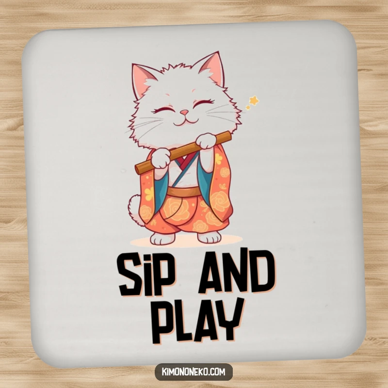 Funny White Cat Coaster: A fluffy white cat in a vibrant kimono holds a flute, adding musical charm to your table.