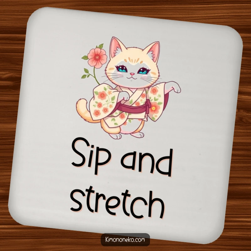 Funny coaster with an artistic cat in a floral kimono, stretching regally.