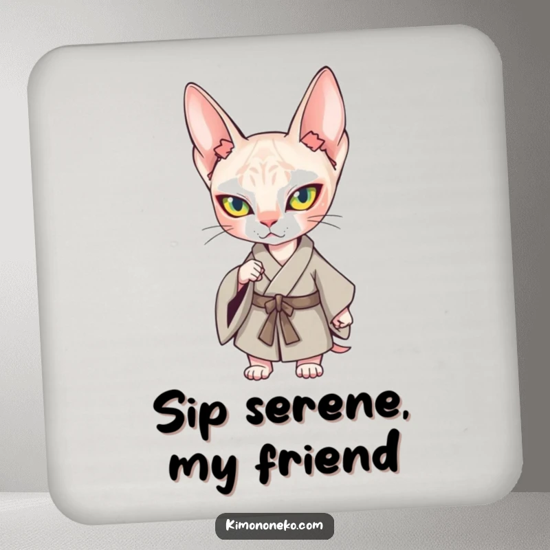 Funny Kawaii Sphynx Cat Kimono Coaster: A determined Sphynx cat in a kimono, stylishly protecting your surfaces.