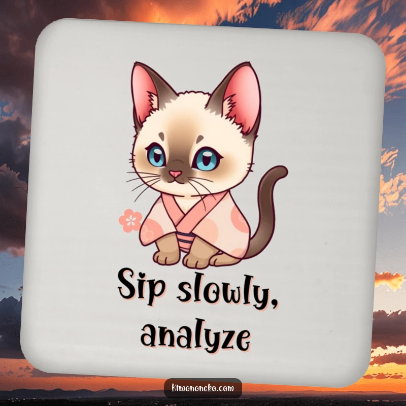 Funny Siamese cat in a patterned kimono, looking curious. A humorous coaster for table protection.