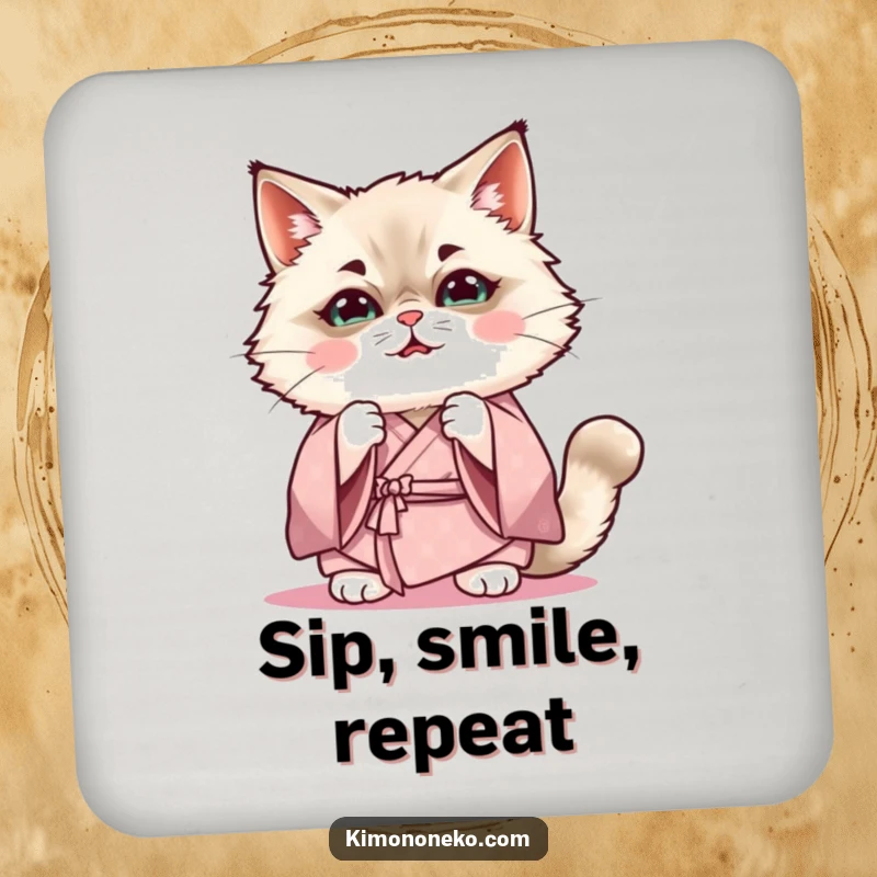 Funny Kawaii Ragdoll cat in soft kimono practicing a funny expression, cute anime coaster, gift.