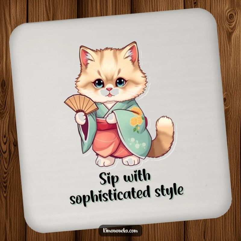 Funny drink coasters featuring a fluffy cat in a vibrant kimono posing with a fan.