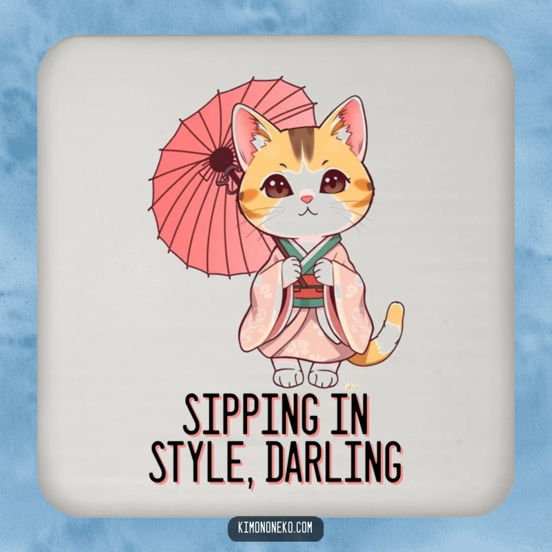 Funny Calico Cat Coasters showcasing a sophisticated cat in a kimono, protecting surfaces with feline grace and humor.