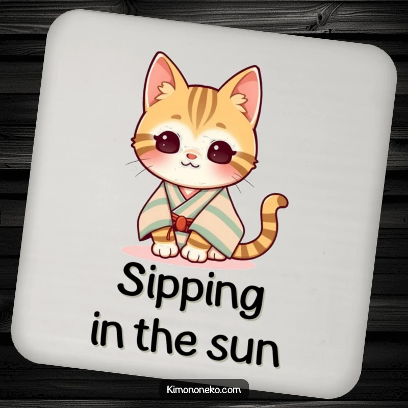 Funny Kawaii Tabby Cat Coaster: A content tabby cat in a striped kimono basks in the sun, providing humor and surface protection.