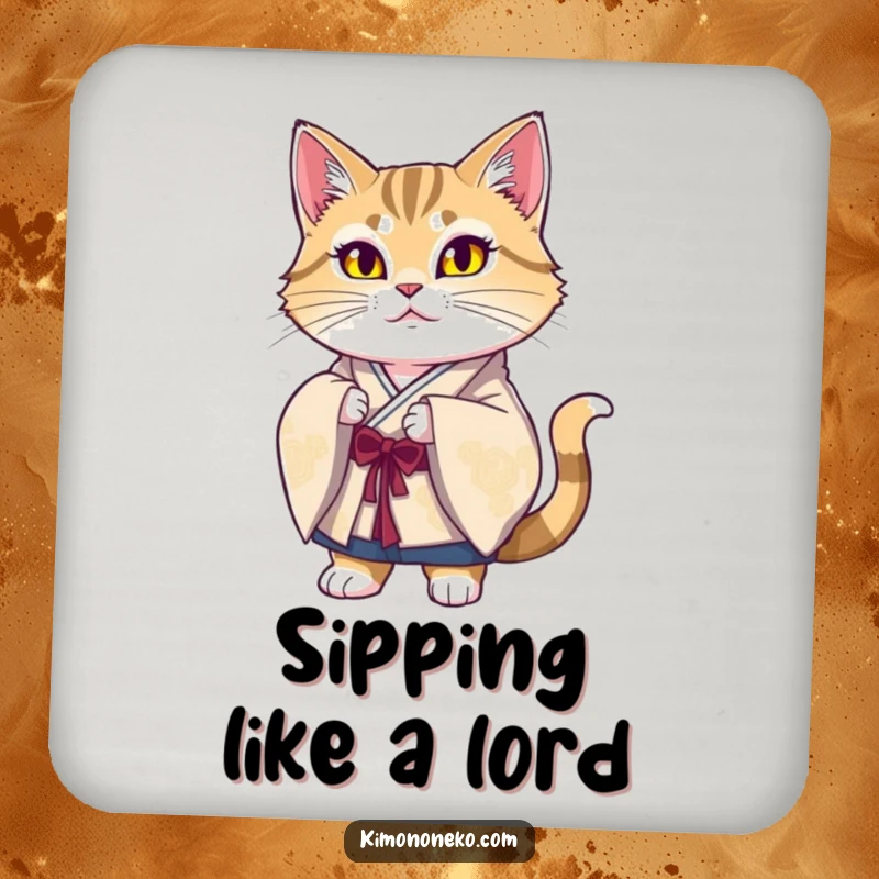 Funny Majestic Cat Kimono Coaster showcasing a proud cat in traditional silk, adding humorous elegance to surface protection.
