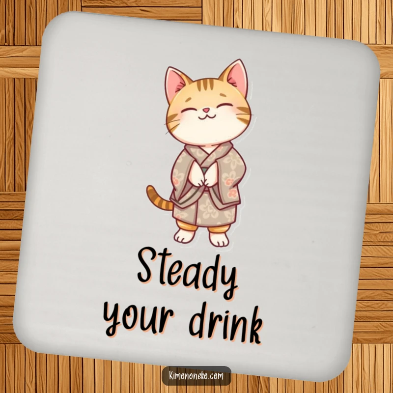 Funny Kawaii tabby cat in a patterned kimono, balancing on its hind legs, featured on drink coasters for humorous protection.