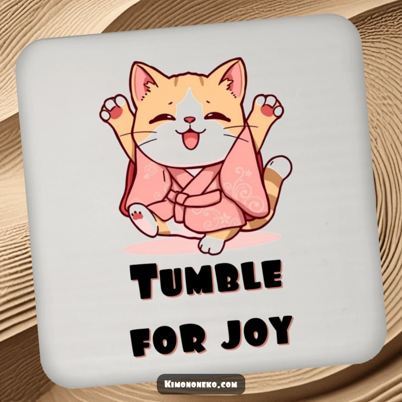 Funny Kawaii cat in a whimsical kimono doing a clumsy somersault, cork drink coaster, protective surface.