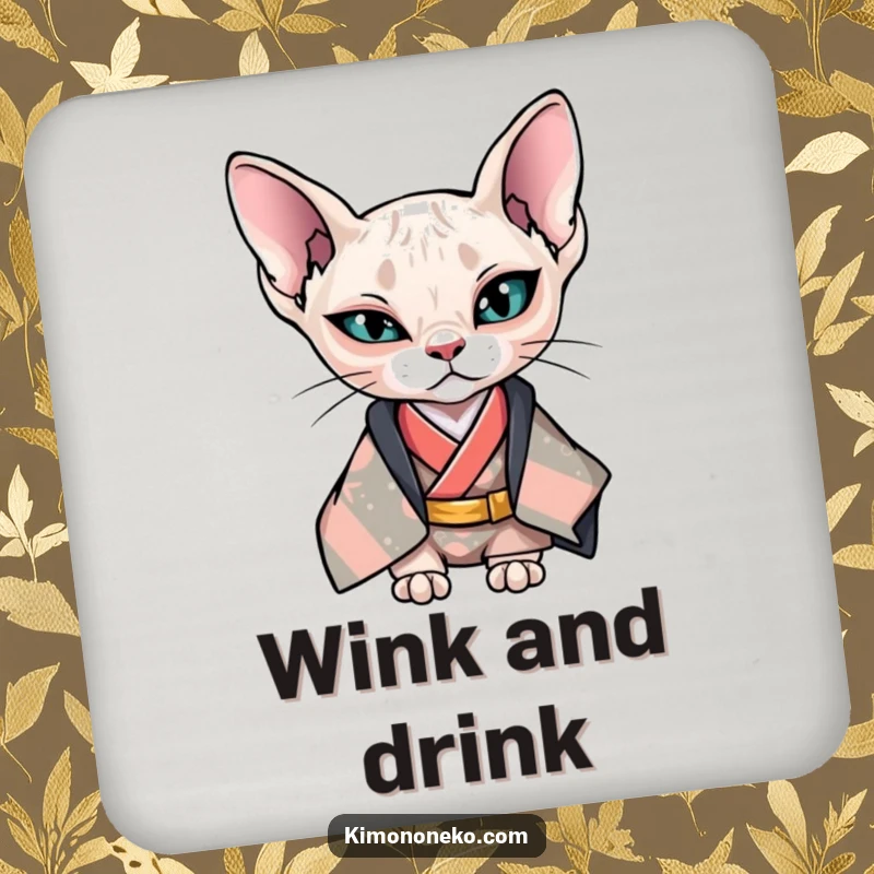 Funny Kawaii Sphynx cat in cool kimono giving a wink, stylish anime coaster, gift.