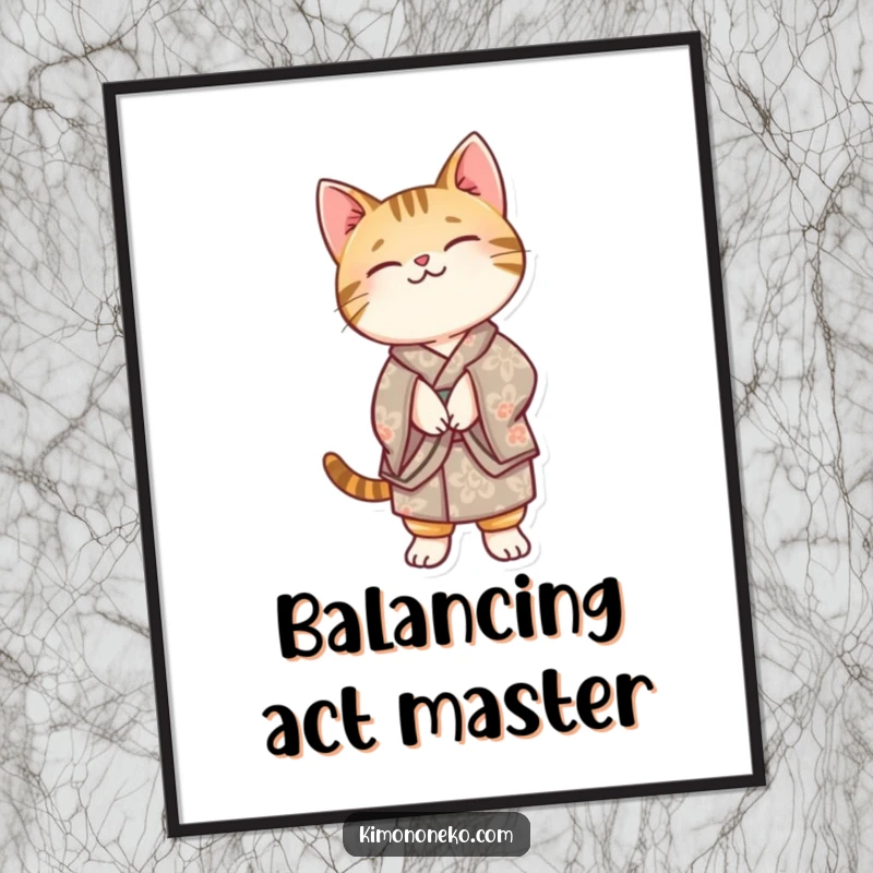 Funny Kawaii tabby cat in a patterned kimono, balancing on its hind legs, presented as vibrant wall art for humorous appeal.