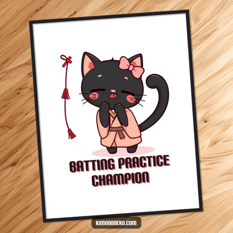 Funny Kawaii black cat in a kimono, playfully batting at a string, depicted as vibrant wall art for a humorous touch.
