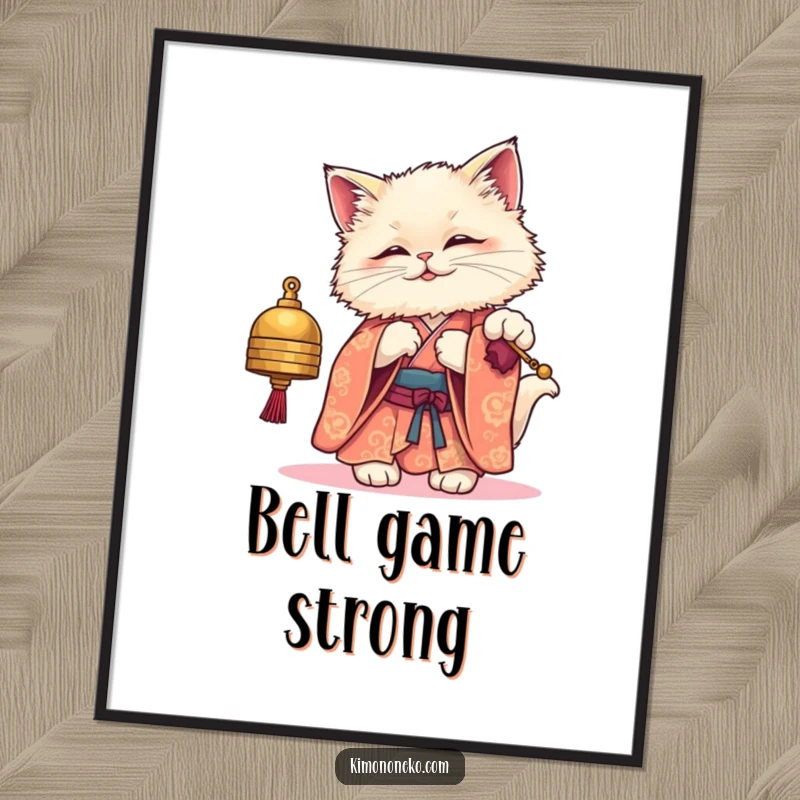 Funny poster art of a fluffy kawaii cat in a vibrant kimono, playfully batting at a dangling bell, adding charm to any room.