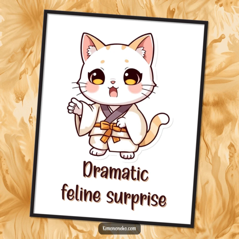 Humorous poster of a funny kawaii cat wearing a kimono and striking a dramatic, surprised pose.