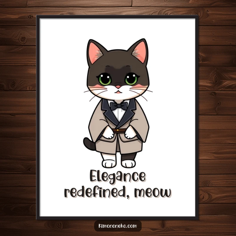 Funny Tuxedo Cat Poster showcasing an elegant cat in a formal kimono, adding a touch of refined humor to any room.