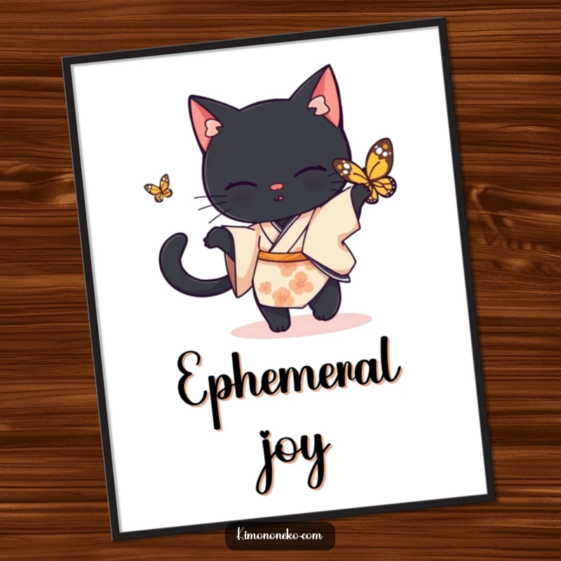 Funny black cat poster, a black cat in a simple kimono playfully chasing a butterfly, charming funny gift.
