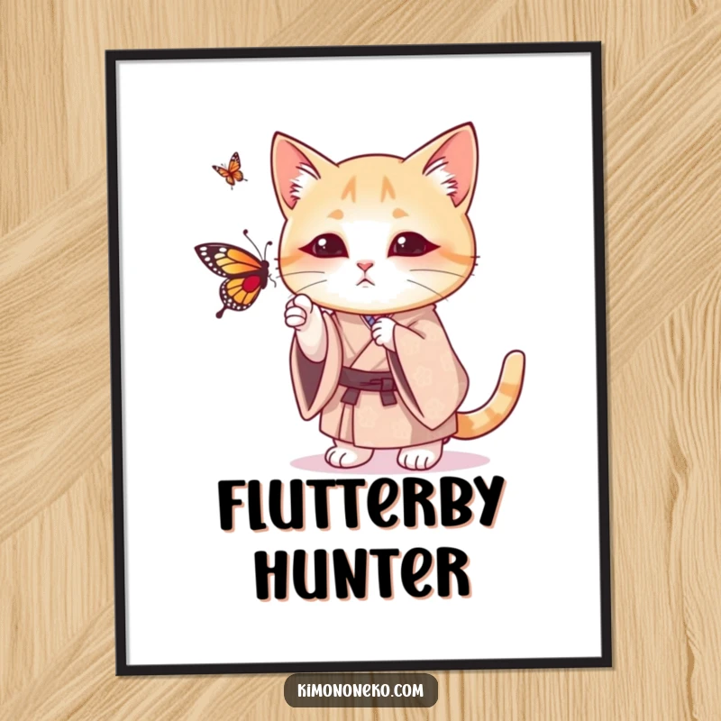 Funny poster art of a cat in a patterned kimono amusingly batting at a butterfly, capturing a moment of playful feline energy.