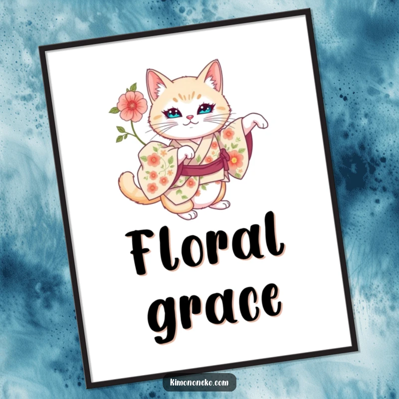 Funny poster print of an artistic cat wearing a floral kimono, stretching regally.