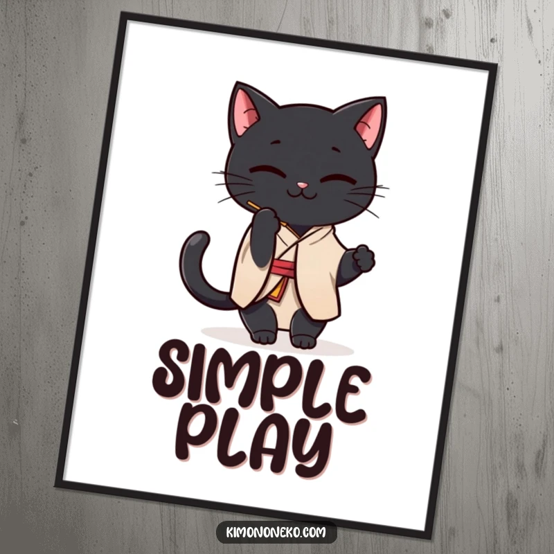 Funny Black Cat Kimono Poster: A Kawaii black cat in a simple kimono playfully batting at a string, adding humorous wall art.