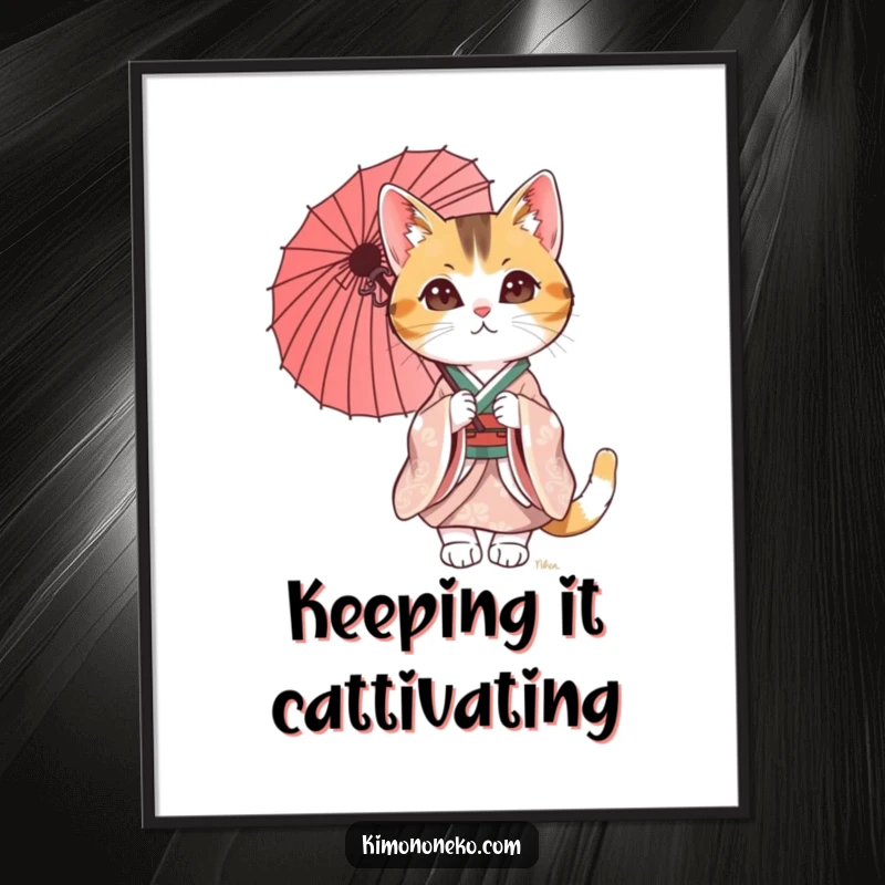 Funny Calico Cat Poster featuring a distinguished cat in a kimono, holding a parasol. This artwork brings humor and elegance to your space.