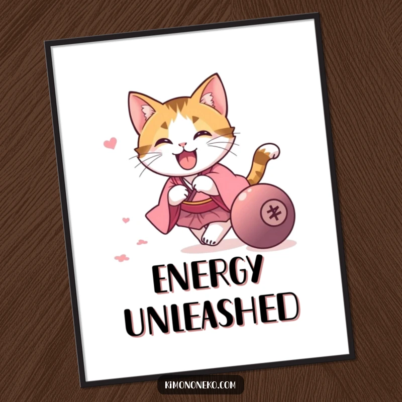 Funny kawaii calico cat in a pink kimono, energetically chasing a rolling ball, displayed as playful wall art on a funny poster.
