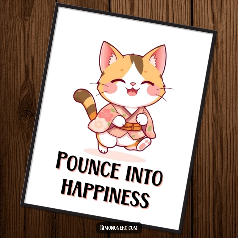 Funny calico kawaii cat in a floral kimono doing a joyful pounce, depicted as vibrant wall art, perfect for adding humor to any space.