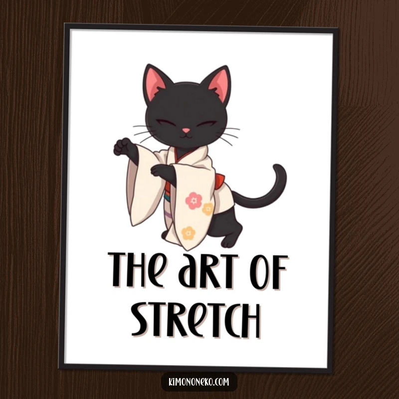 Funny poster art of a sleek kawaii black cat in a traditional kimono, stretching with elegant grace, adding refined charm to any space.