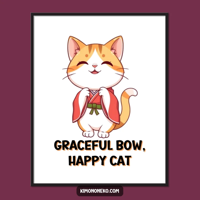 Funny Kawaii Calico Cat Poster - Graceful Bow Kimono Art