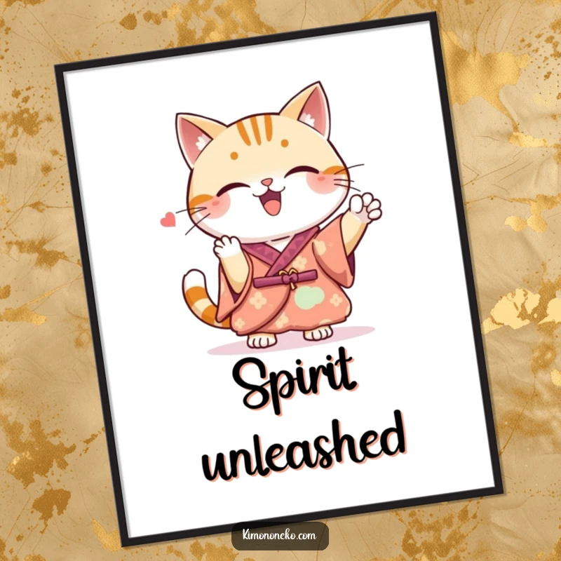 Funny Kawaii cat illustration in a kimono, cheering with spirit, a vibrant and funny poster for walls.