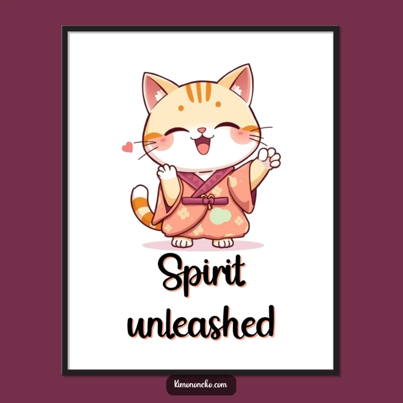 Funny Kawaii Cat Cheer Poster: Spirited Kimono Art, Ideal Funny Gift