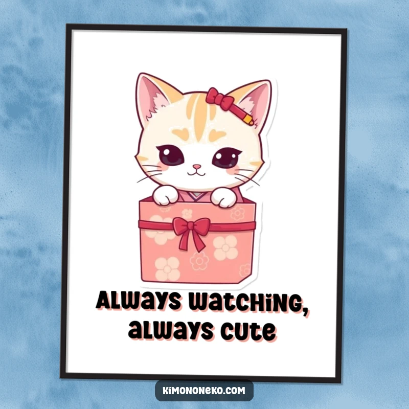 Funny kawaii cat in a kimono, peeking out of a gift box, presented as charming wall art on a funny poster.