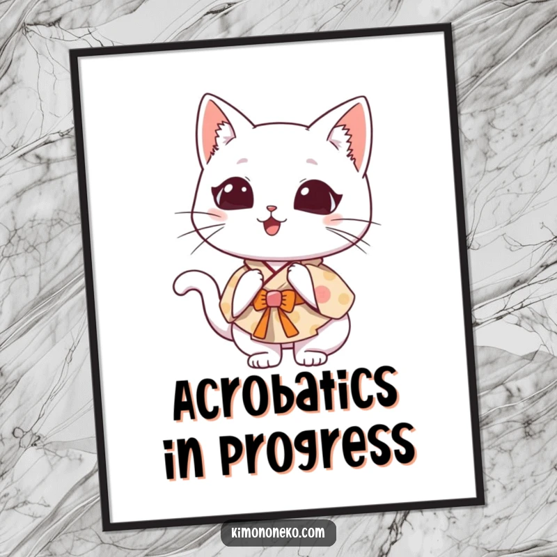 Funny Kawaii cat in a whimsical kimono, doing a clumsy somersault, vibrant art celebrating adorable mishaps.