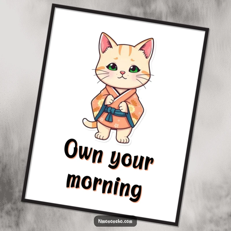 Funny Kawaii cat in a stylized kimono, striking a confident stance, art that speaks volumes of self-assuredness.