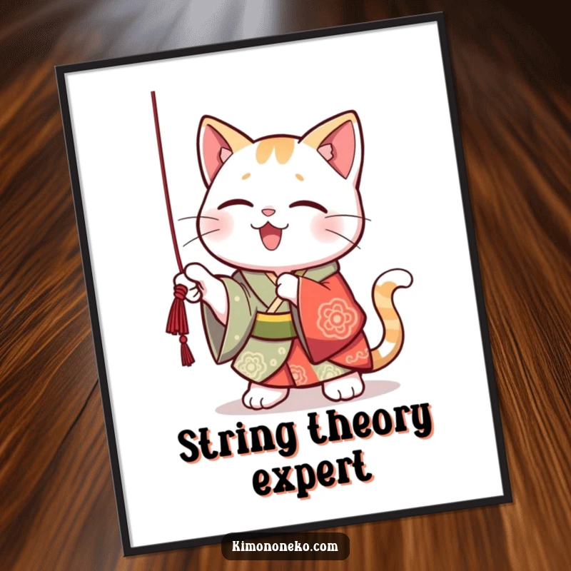 Funny Kawaii cat in a vibrant kimono, playfully batting at a dangling string, vibrant wall art for a playful vibe.