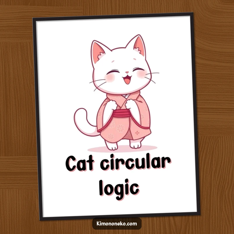 Funny Kawaii Cat Poster: A giggling white cat in a pink kimono is captured in a humorous chase after its own tail, full of playful energy.